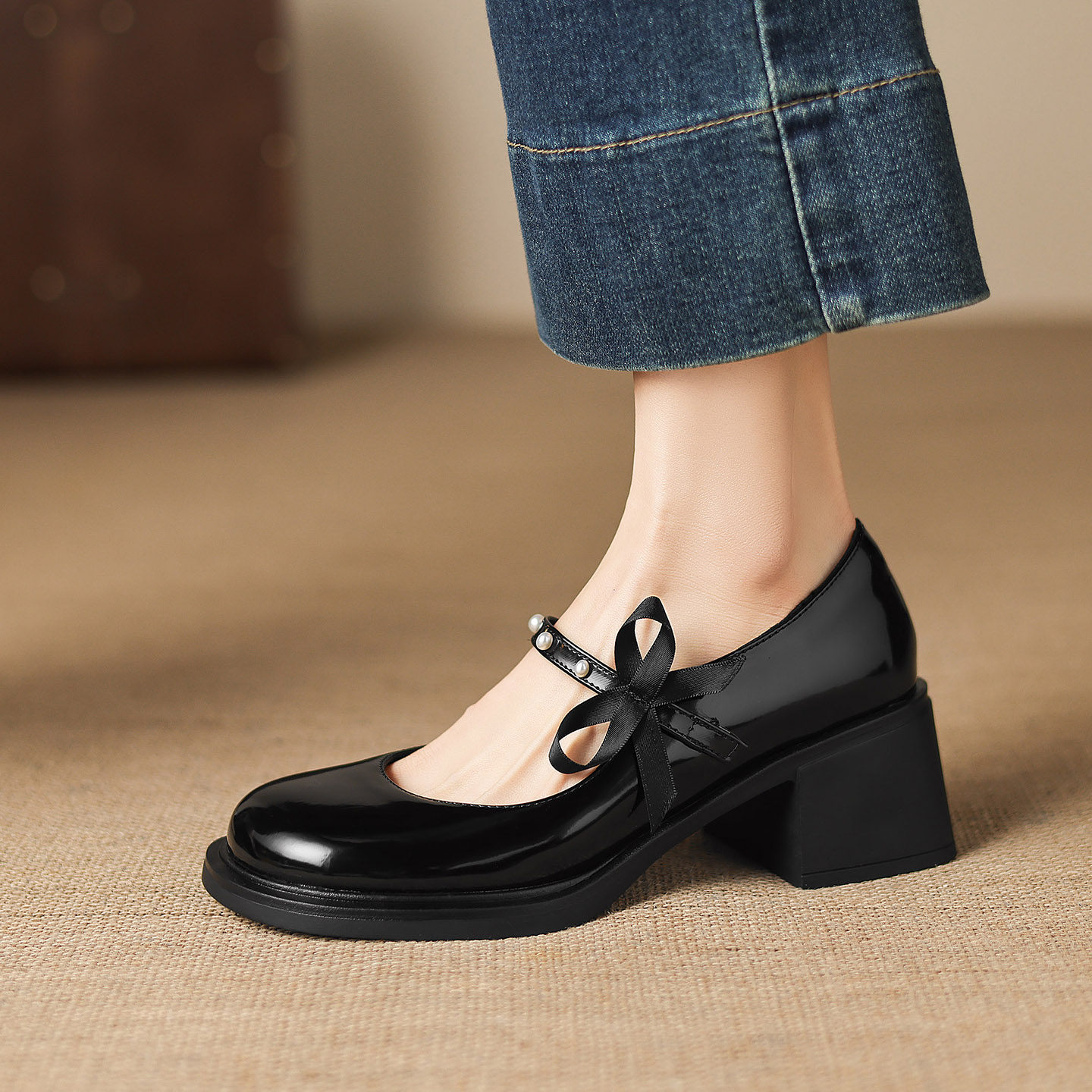 ladyblack法式玛丽珍鞋女粗高跟一字带蝴蝶结大码浅口单鞋子41-43,女鞋,玛丽珍鞋,淘宝优惠券,粉丝福利购,淘宝优惠卷