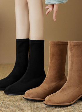 ladyblack3340大码41-43绒面弹力套筒瘦瘦靴女秋冬显瘦粗中跟短靴