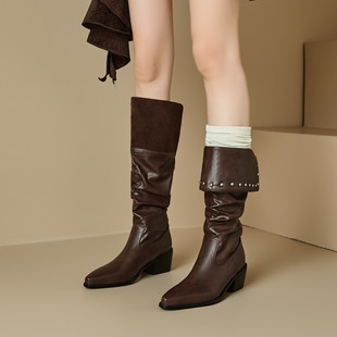 ladyblack粗高跟显瘦两穿西部骑士靴女秋冬3233大小码中长靴41-43