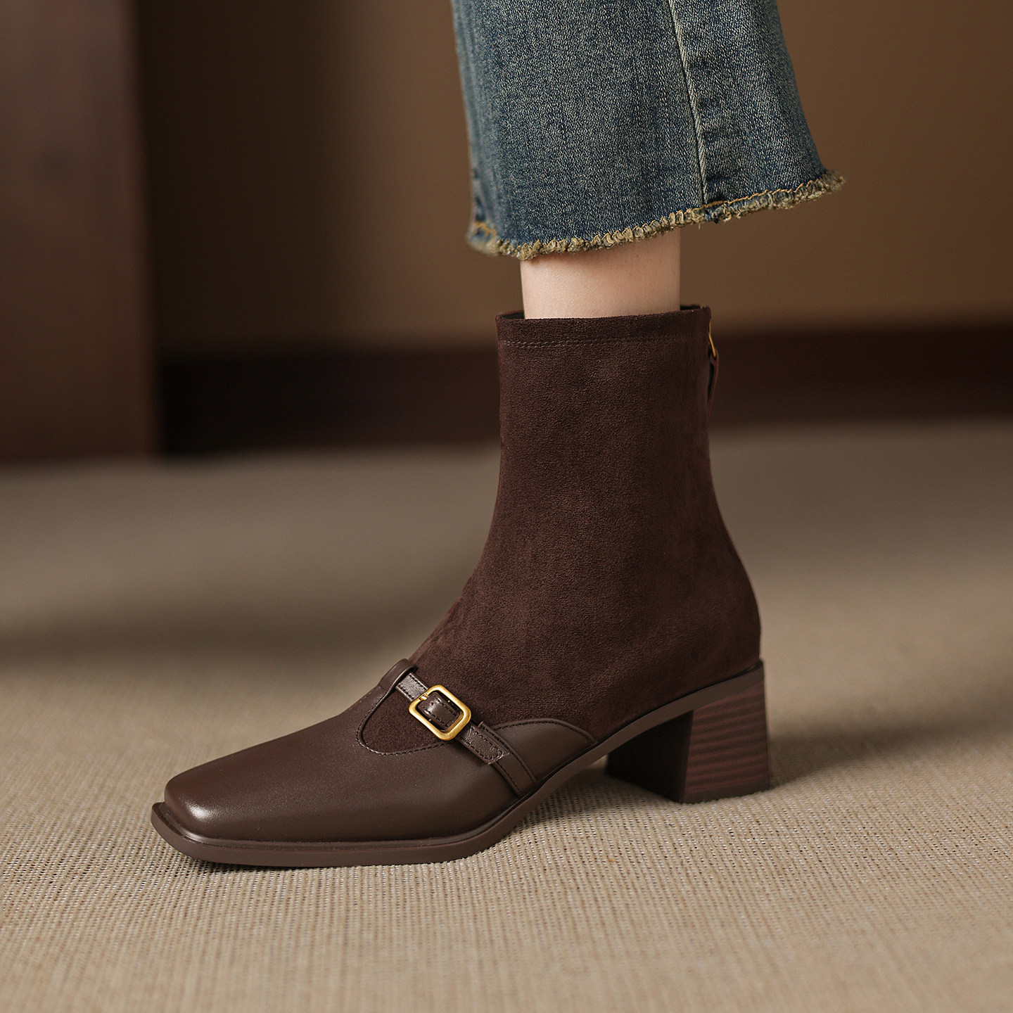 金属扣弹力拼接瘦瘦靴女大码4142