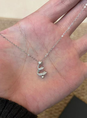 S纯银镶钻星星圣诞树项链