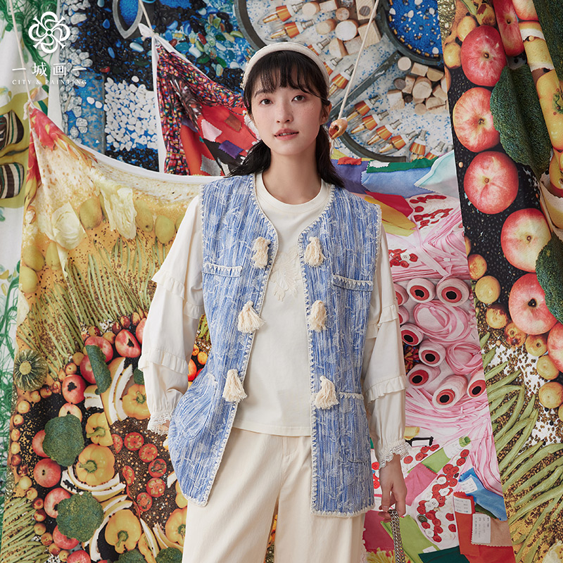 一城画一秋季气质文艺范时尚设计感小众宽肩长款马甲女14121H087