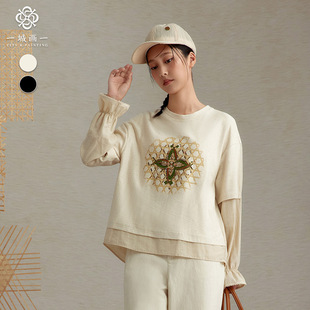 一城画一新款时尚休闲圆领拼接文艺设计简约短款时尚衫女