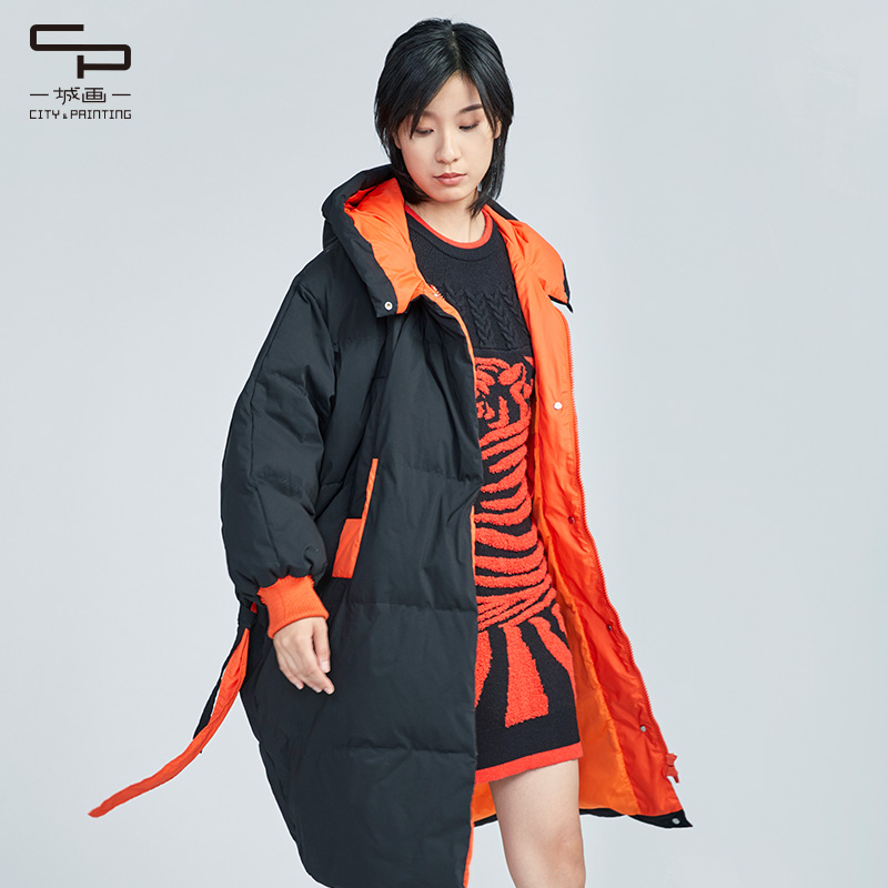 宽松连帽长款羽绒服外套