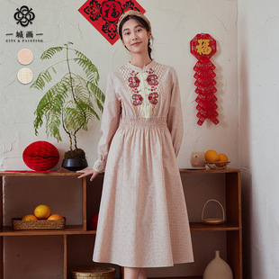 一城画一秋季复古文艺刺绣过膝收腰长款连衣裙特别漂亮掐腰小裙子