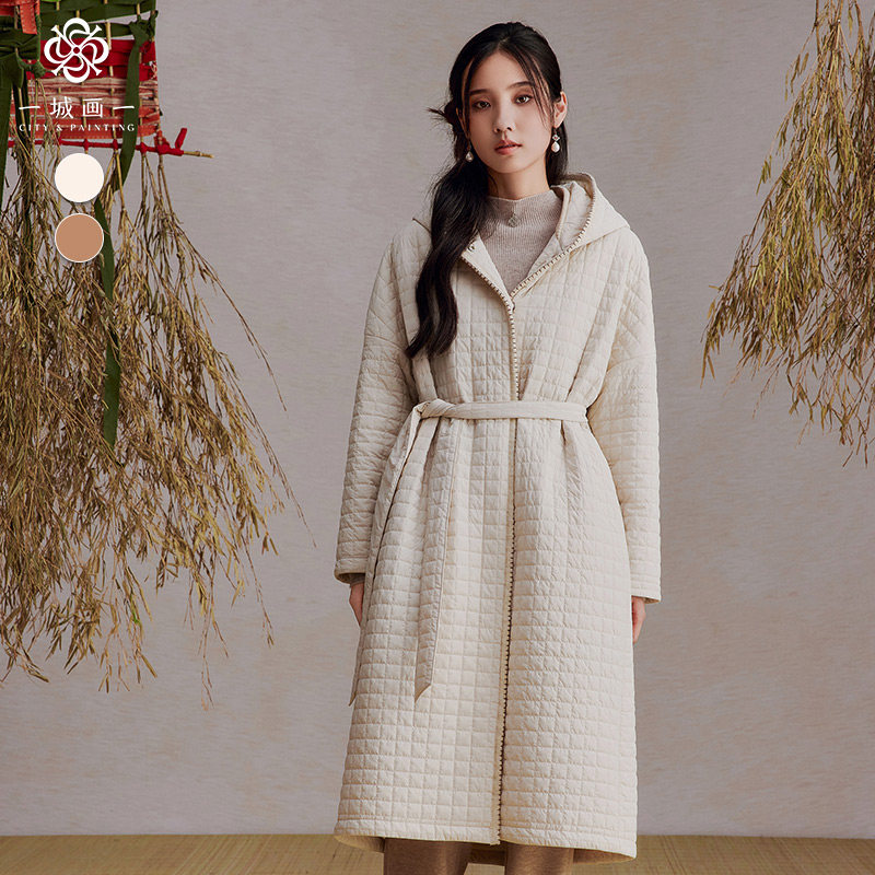 一城画一冬季大气简约拼接保暖直筒小格子长款棉衣女14411G256