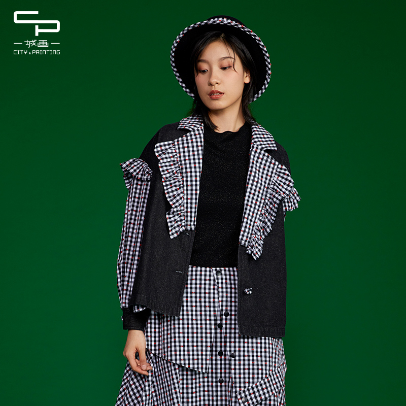 文艺范气质格子牛仔外套