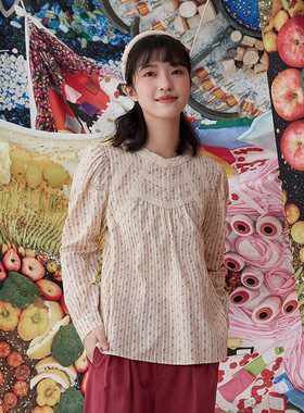 秋季花边小高领简约印花复古文艺长袖中款时尚衫14141O131