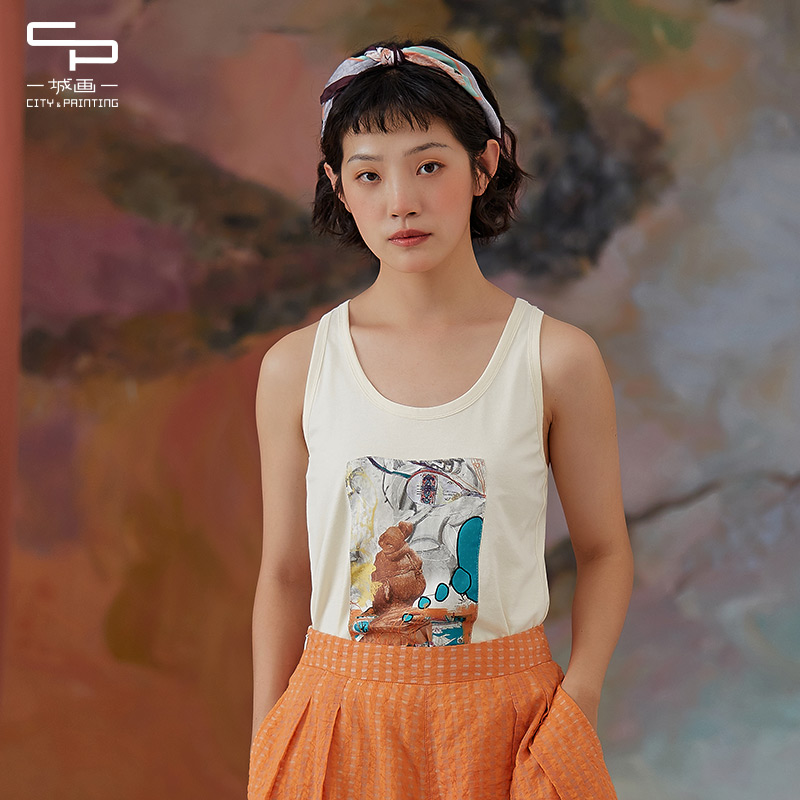 一城画一夏季新品女士棉质宽松百搭时尚趣味印花背心t恤