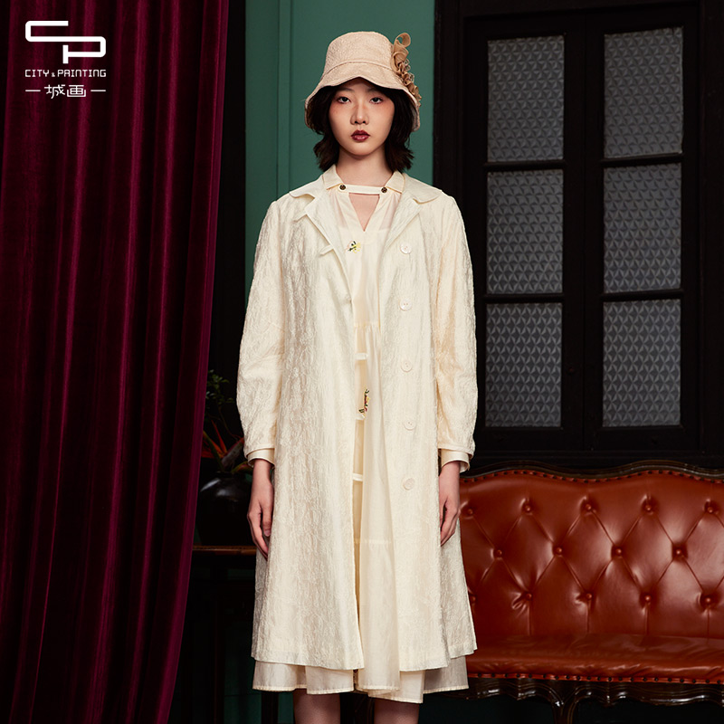 一城画一春季新款休闲简约风小翻领设计长袖显瘦中款风衣女