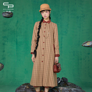 一城画一冬季复古文艺范修身长款外套条纹显瘦绵羊毛毛呢外套