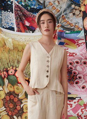 一城画一秋季修身百搭V领设计单排扣简约短款马甲女14151H192