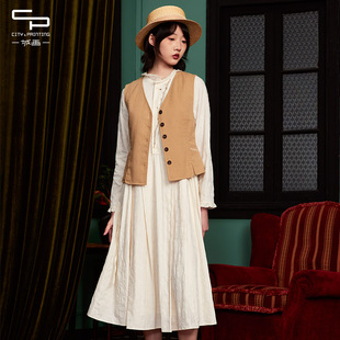 一城画一秋季新款文艺复古百搭拼接长袖长款连衣裙仙女裙长裙