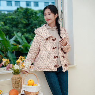 一城画一冬季新款碎花宽松提花保暖百搭短款羽绒服女白鸭绒外套