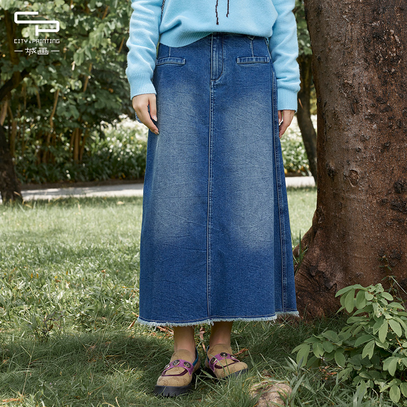 一城画一冬季新款百搭简约时尚修身显瘦A字牛仔半身裙女