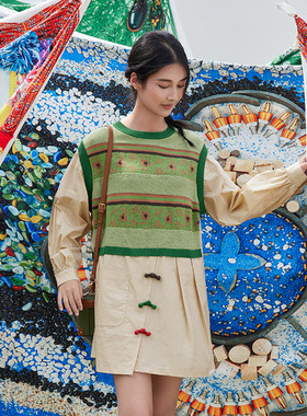 秋季简约文艺小圆领假两件毛梭中款时尚衫女上衣14121O073