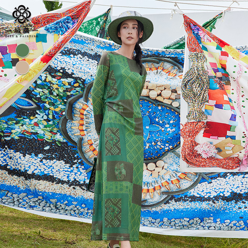 一城画一秋季印花设计修身显瘦气质文艺长袖中款连衣裙14133A101