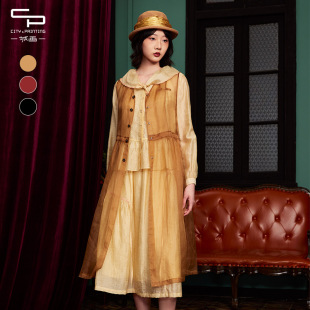 一城画一秋季新款宽松V领设计无袖百搭长款马甲外套女士