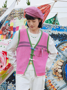 一城画一秋季显瘦修身V领设计叠穿百搭毛织短款马甲女14121H077