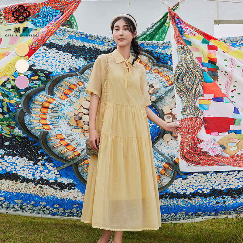 夏季复古拼接蕾丝边连衣裙两件套