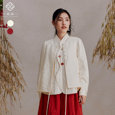 一城画一文艺范柿蒂纹提花高腰波浪下摆设计短款马甲14411H613