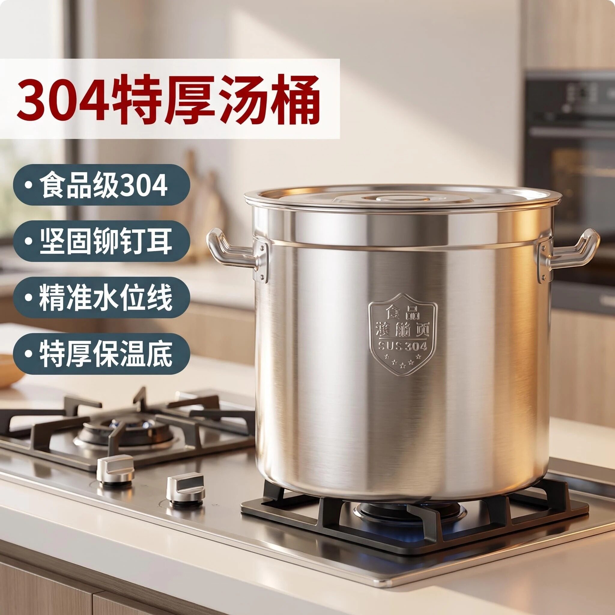 304不锈钢带盖大容量汤锅