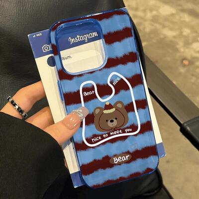 蓝棕条纹小熊适用苹果17promax透蓝手机壳iPhone16/15/14pro可爱卡通14/13/12/11防摔13pro全包12创意11新款