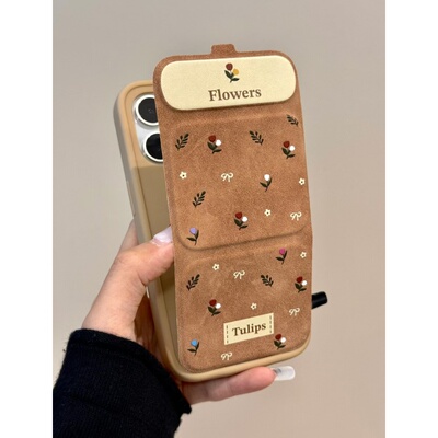 棕色小碎花磁吸翻盖折叠支架适用苹果17promax手机壳iPhone17/16/15/14/13pro小清新vivo华为P70小米17oppo女