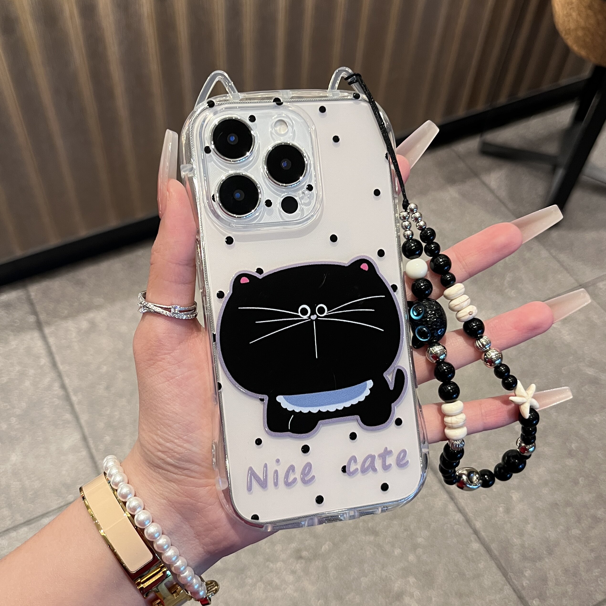 波点大脸黑猫挂链适用苹果17promax猫耳朵手机壳iPhone16pro小众14/13pro全包透明vivo华为P70小米15oppo女款