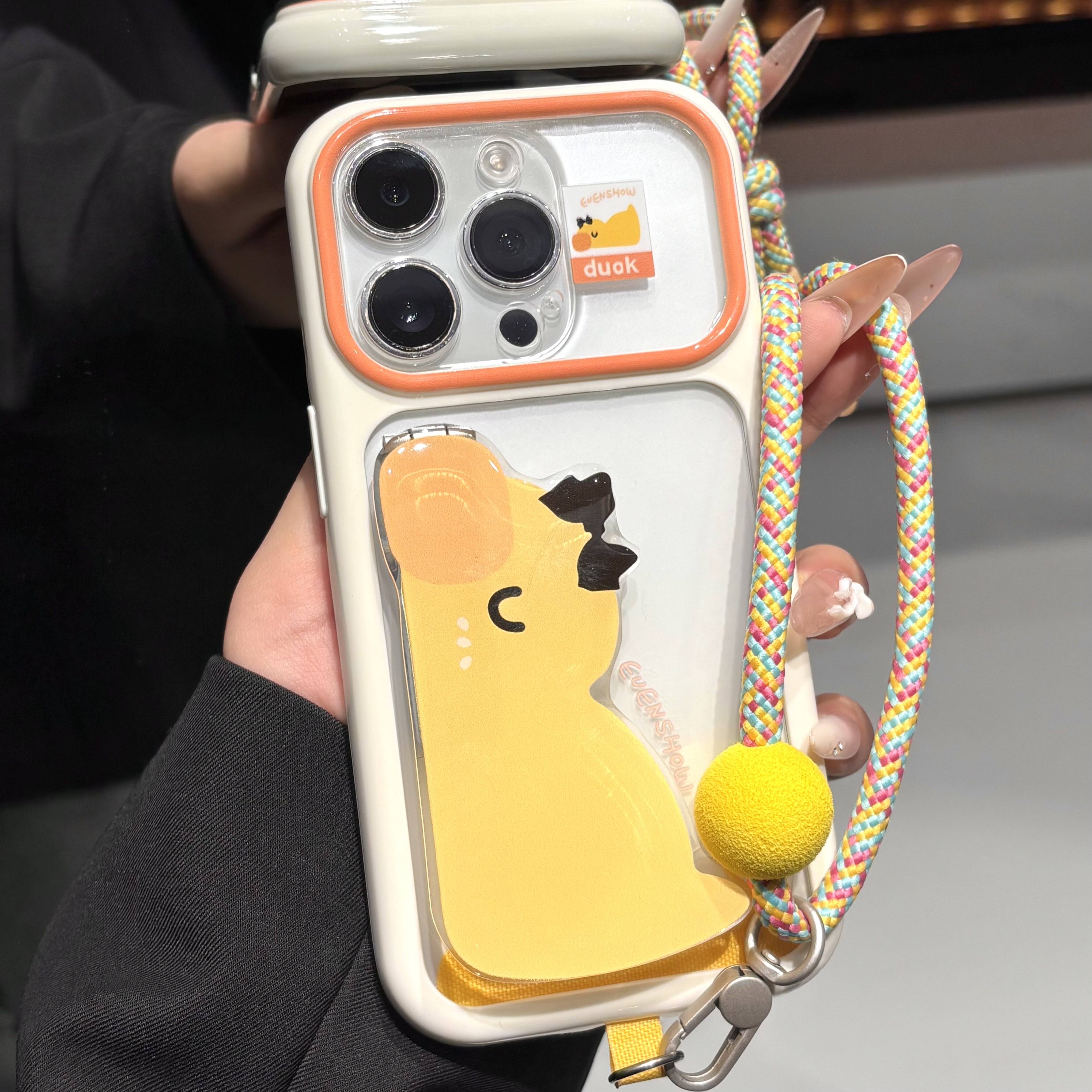 趴趴小黄鸭支架大视窗适用苹果16秒变17promax星空手机壳iPhone17挂绳15简约14/13全包防摔壳12个性11保护套