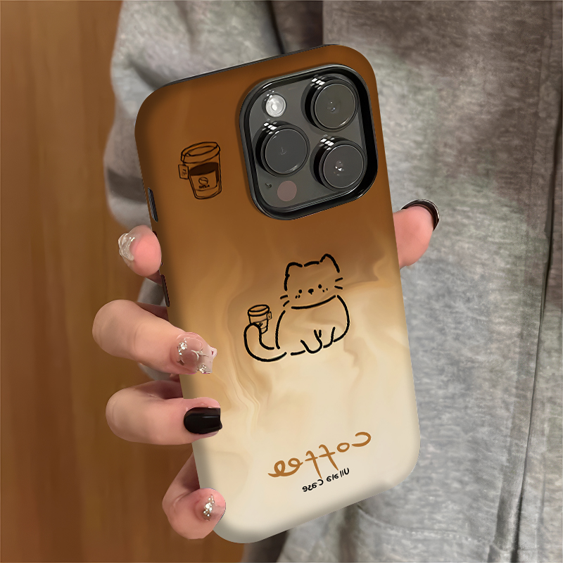 咖啡渐变棕猫适用苹果16promax菲林二合一手机壳iPhone15/14/13/12/11新款vivo华为P70小米15oppo防摔保护套