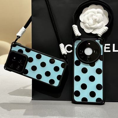 蓝底黑色波点适用苹果16promax防摔四角挂绳手机壳iPhone15pro新款14/13/12女款11华为p70vivo小米15oppo新款