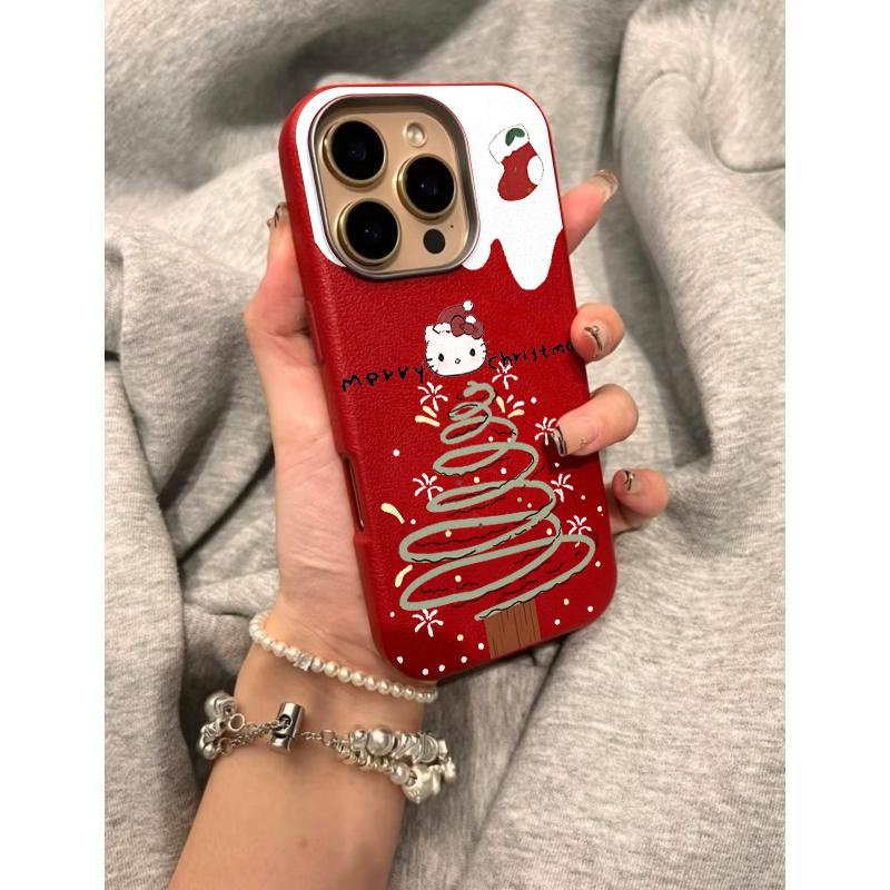 线条凯蒂圣诞树适用苹果17promax金属框手机壳iPhone16plus全包防摔16/15/14/13pro小众创意11/12女款AIR新款