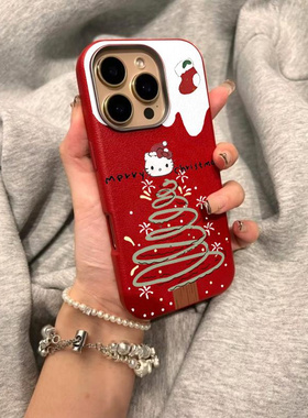 线条凯蒂圣诞树适用苹果17promax金属框手机壳iPhone16plus全包防摔16/15/14/13pro小众创意11/12女款AIR新款