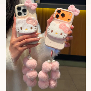 欧克里里毛绒KT猫适用苹果17/16promax皮革纹手机壳iPhone15/14/13pro秋冬12/11vivo华为p70小米17oppo女款套