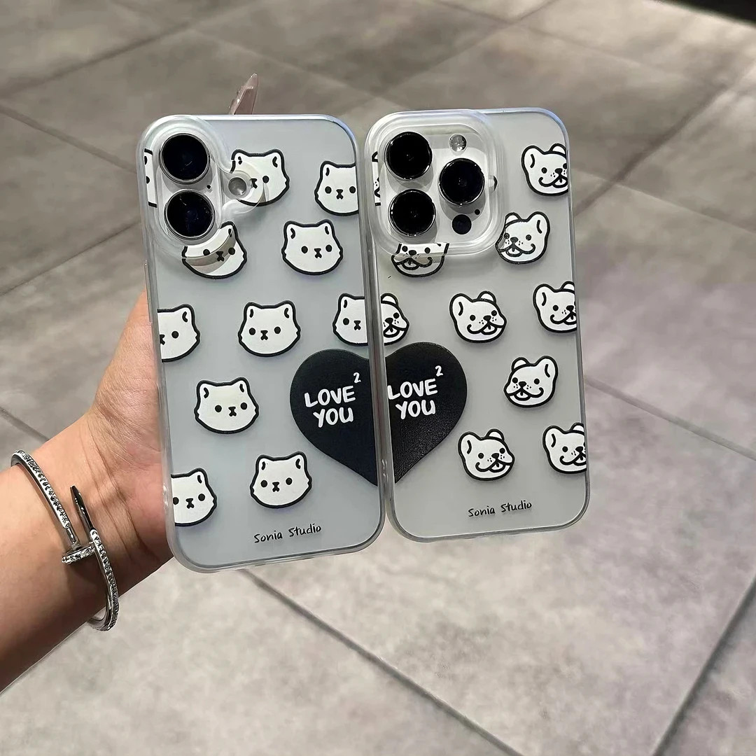 爱心猫狗情侣款适用苹果17/16promax透白小麦壳iPhone15pro新款1413pro小众创意vivo华为p70小米15oppo磨砂套
