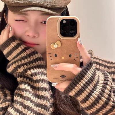 卡其色立体蝴蝶结kt表情适用苹果17promax翻毛皮手机壳iPhone16/15/14/13pro女款vivo华为mate70小米15oppo套
