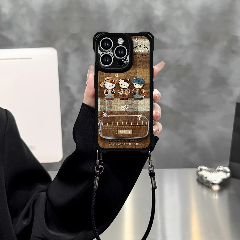 复古猫咪四角防摔羊毛壳适用苹果17promax手机壳iPhone16pro挂绳14/13/12镜子支架11华为p70vivo小米15oppo套