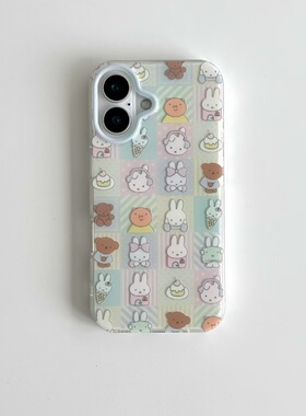 方格蛋糕熊兔适用iPhone16/15promax白色IMD手机壳16/15/14pro苹果13/12/11新款vivo华为P70oppo小米15保护套