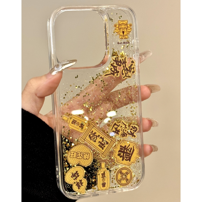 金色流沙挂绳财神爷适用苹果17promax透明手机壳iPhone16摇摇乐15/14plus小众创意13pro高级感12简约新中式11