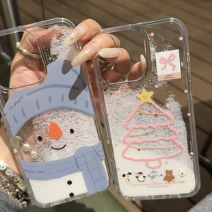 冬日雪人雪花流沙手机壳适用苹果17promax新款iPhone17AIR/16/15/14/13pro高级vivo华为P70小米17oppo情侣套