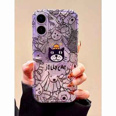 草紫线条吉利猫适用苹果17promax冰川手机壳iPhone16/15/14/13pro小众创意11AIR华为P70vivo小米17oppo女款套