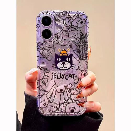 草紫线条吉利猫适用苹果17promax冰川手机壳iPhone16/15/14/13pro小众创意11AIR华为P70vivo小米17oppo女款套