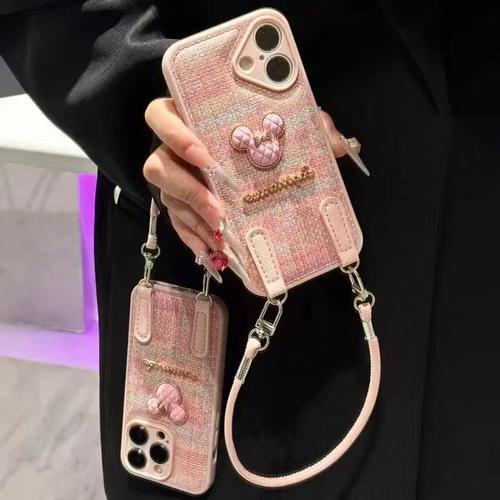粉色编织纹米奇挂绳适用苹果17promax气垫手机壳iPhoneAIR秋冬新款16/15/14/13pro女款vivo华为P70小米oppo套