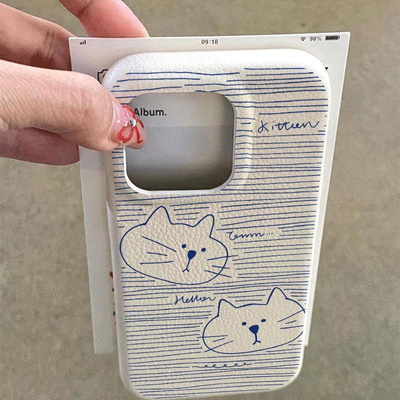 蓝素描猫头适用苹果17/16promax皮革纹手机壳iPhone17/16/15/14/13pro涂鸦风vivo华为p70小米17oppo磨砂软套