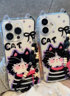 紫色潦草小猫适用苹果17promax猫耳朵手机壳iPhone16pro小众14/13pro全包透明11vivo华为P70小米15oppo女款套