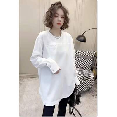 白色中长款长袖T恤欧韩货设计感