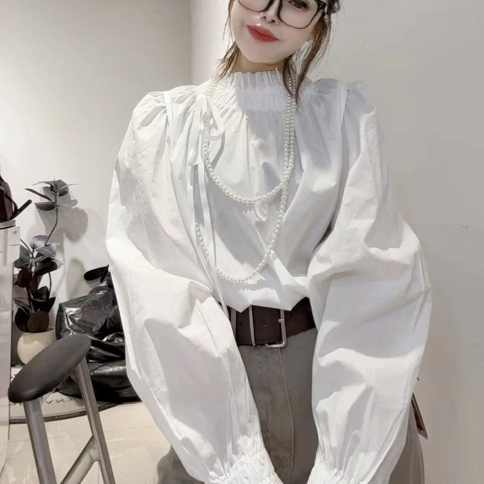 欧货时尚女装气质白色韩版立领花边长袖衬衫女时尚显瘦上衣小衫潮