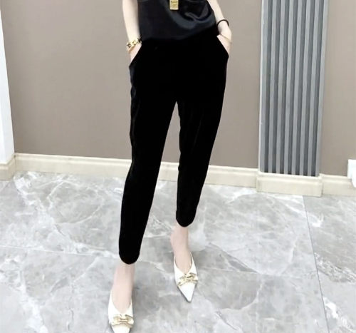 欧货高腰黑色金丝绒休闲裤小脚裤