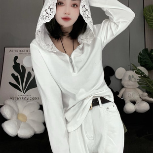 防晒衫 欧货南油洋气小衫 T恤上衣小衫 长袖 潮 黑白条纹蕾丝帽宽松版